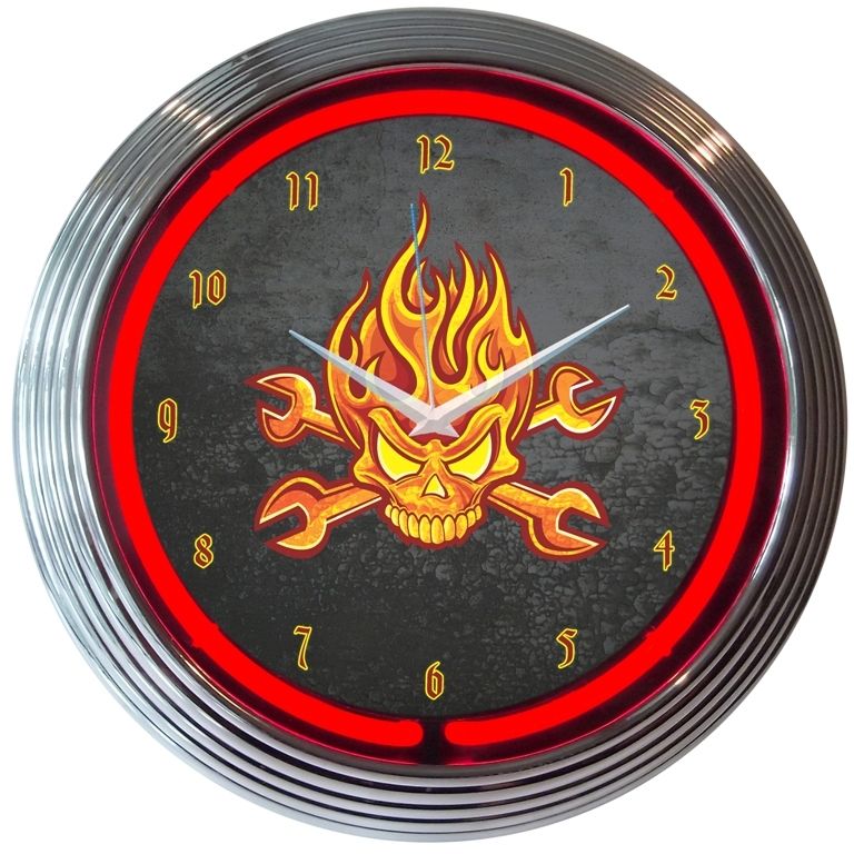Mechanic Fire Skull & Wrenches Neon Clock